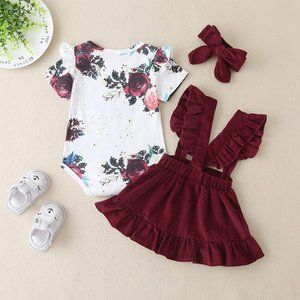 Girls Fashion Stringy Selvedge Flower Pattern Romper And Suspender Skirt Set